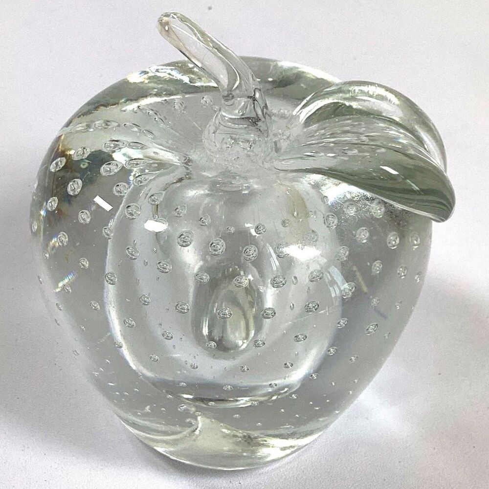 Vintage Crystal Art Glass Apple Paperweight Control Bubble 3.5"